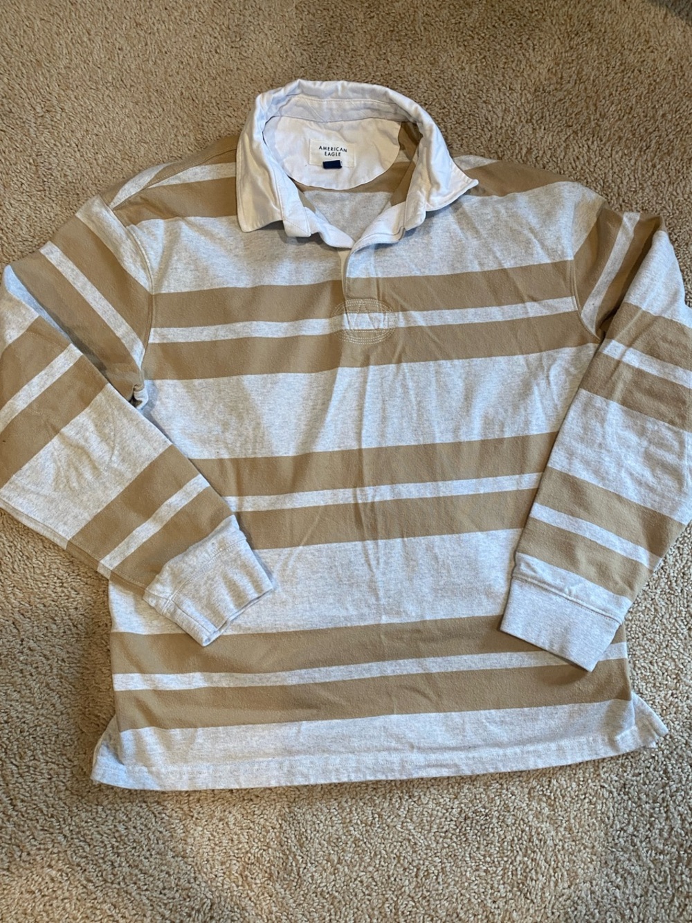 American Eagle Beige and White Striped Polo